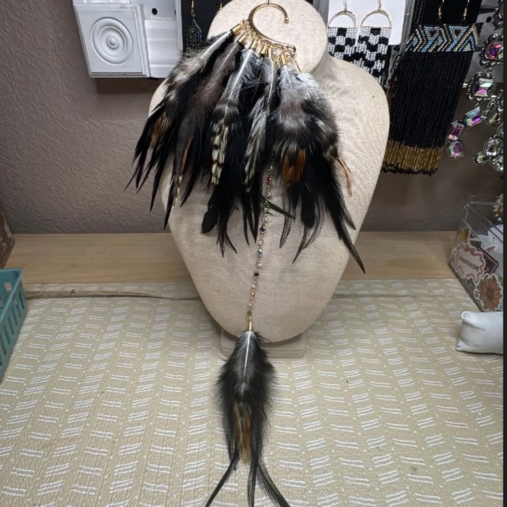 Feather Earring Cuff with Multi Colored Rhinestone Single Feather Accent